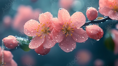 A dreamy, spring rain texture with raindrops falling gently on blooming flowers, creating a serene and refreshing seasonal atmosphere, seasonal renewal ::2 petrichor perfume, blossoming beauty,  photo