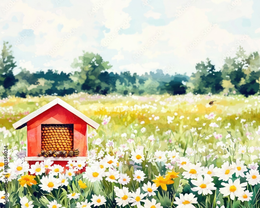 A charming beehive sits amidst a vibrant field of daisies, surrounded by lush greenery under a bright sky, showcasing nature's beauty and harmony. A charming beehive sits amidst a vibrant field of daisies, surrounded by lush greenery under a bright sky, showcasing nature's beauty and harmony.