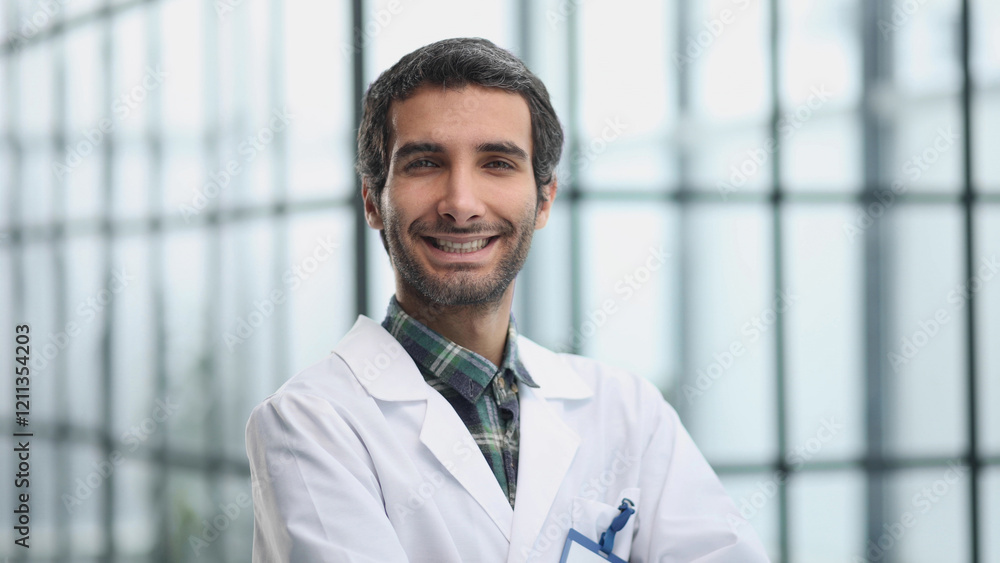 Portrait of an attractive male doctor in a hospital corridor Portrait of an attractive male doctor in a hospital corridor