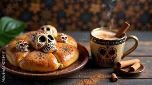Sweet Bread Crown with Sugar Skulls and a Warm Beverage