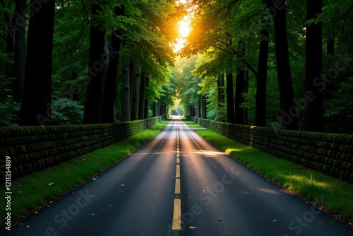Sunlit Road Through a Lush Green Canopy of Trees with Stone Walls