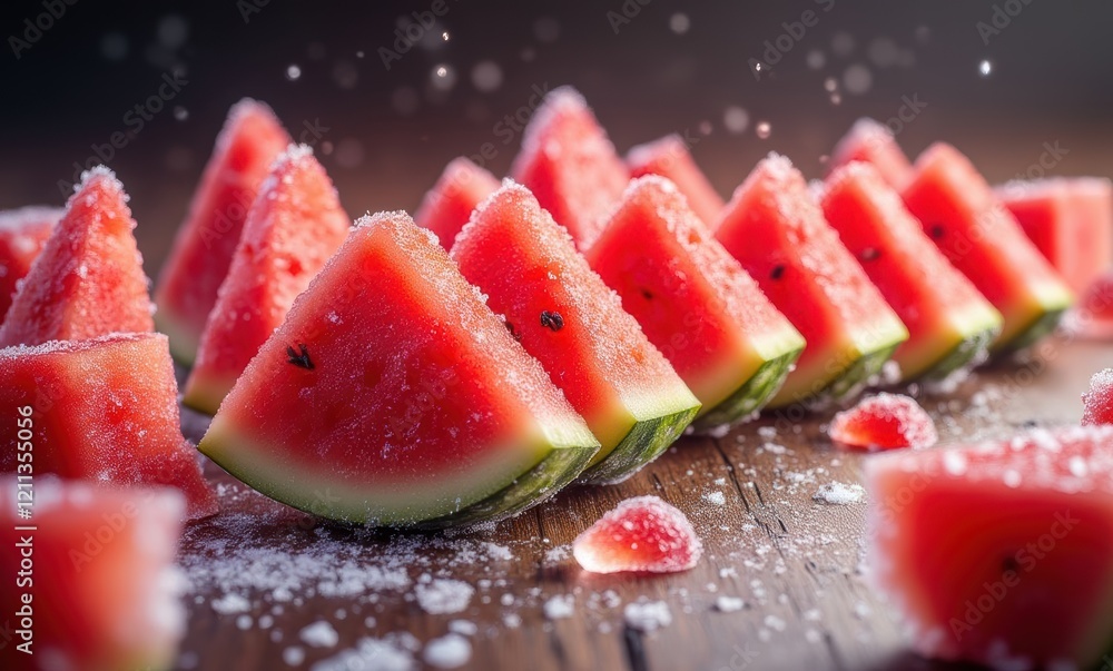 Fresh watermelon slices sprinkled with sugar Fresh watermelon slices sprinkled with sugar
