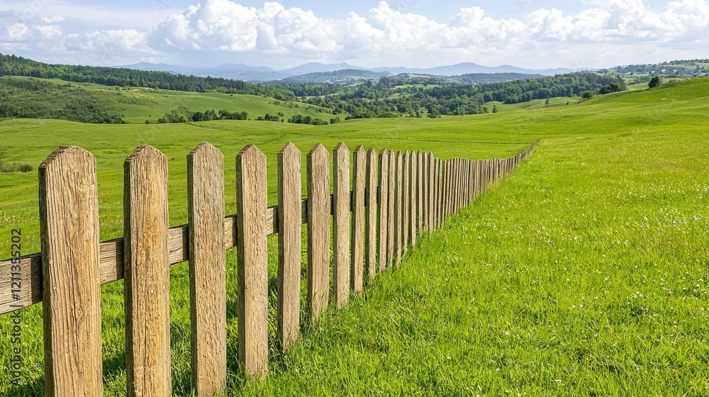 Fototapeta premium Wooden fence in green pasture, hills background, sunny day, rural landscape, idyllic scenery, nature photography