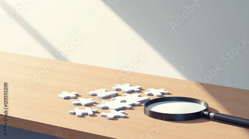 Unassembled Jigsaw Pieces and Magnifying Glass on a Wooden Surface in Sunlight photo