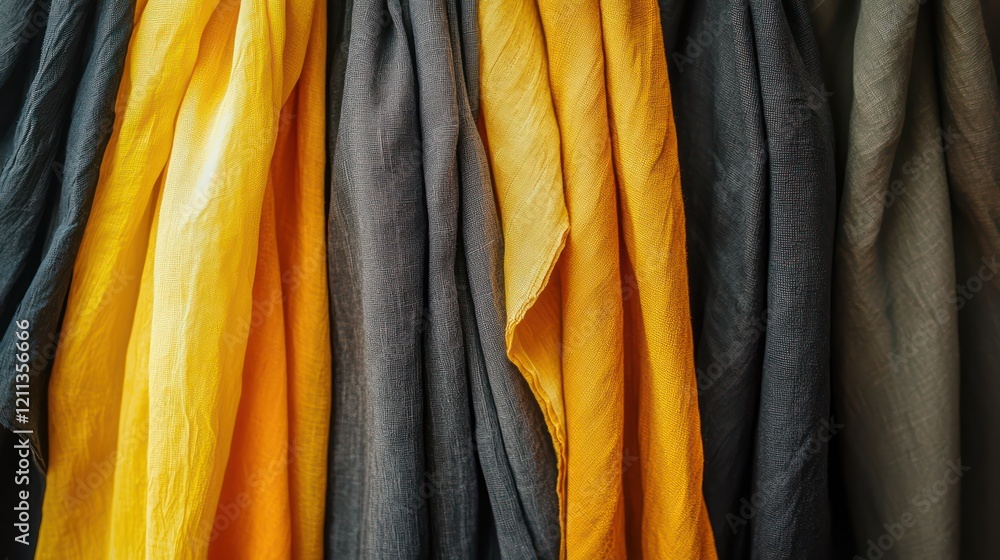 Depict a luxurious top-down view of fabrics hanging in gradient from lemon to charcoal, vibrant tones. Depict a luxurious top-down view of fabrics hanging in gradient from lemon to charcoal, vibrant tones.