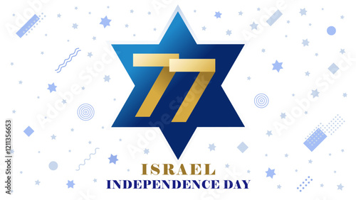 Israel Independence Day creative card with magen David and memphis elements. Greeting banner with 77th years anniversary Yom Ha'atzmaut, vector logo