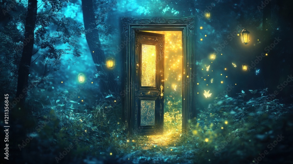 A mystical door in a forest, glowing with light and surrounded by enchanting nature. A mystical door in a forest, glowing with light and surrounded by enchanting nature.