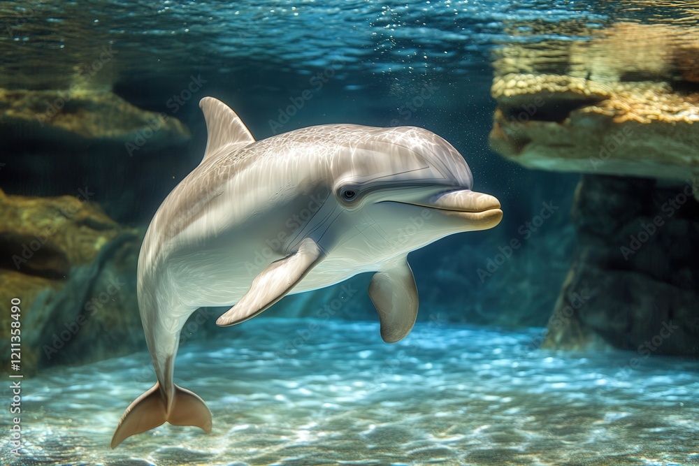 Fototapeta premium bowl-headed dolphin swimming with grace, its smooth body and large rounded head visible as it glides through the serene ocean, surrounded by light-filled waters