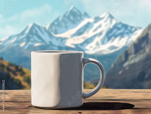 White ceramic mug rustic wooden breathtaking mountain view serene alpine landscape clear sky natural scenery outdoor lifestyle branding visual drink cozy calm vista blank mockup camping lake cup photo