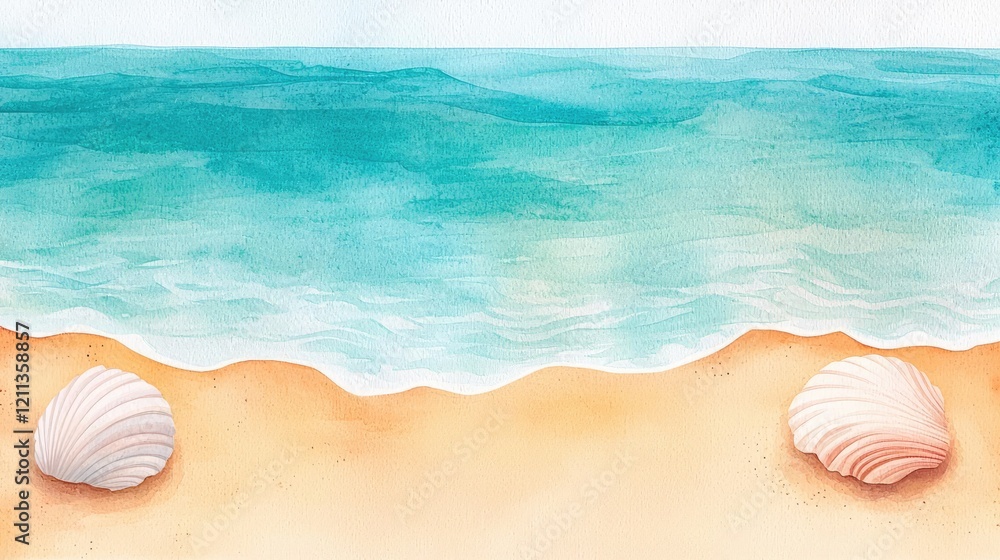 Tropical watercolor idea. A serene beach view with seashells and gentle waves on the shoreline. Tropical watercolor idea. A serene beach view with seashells and gentle waves on the shoreline.