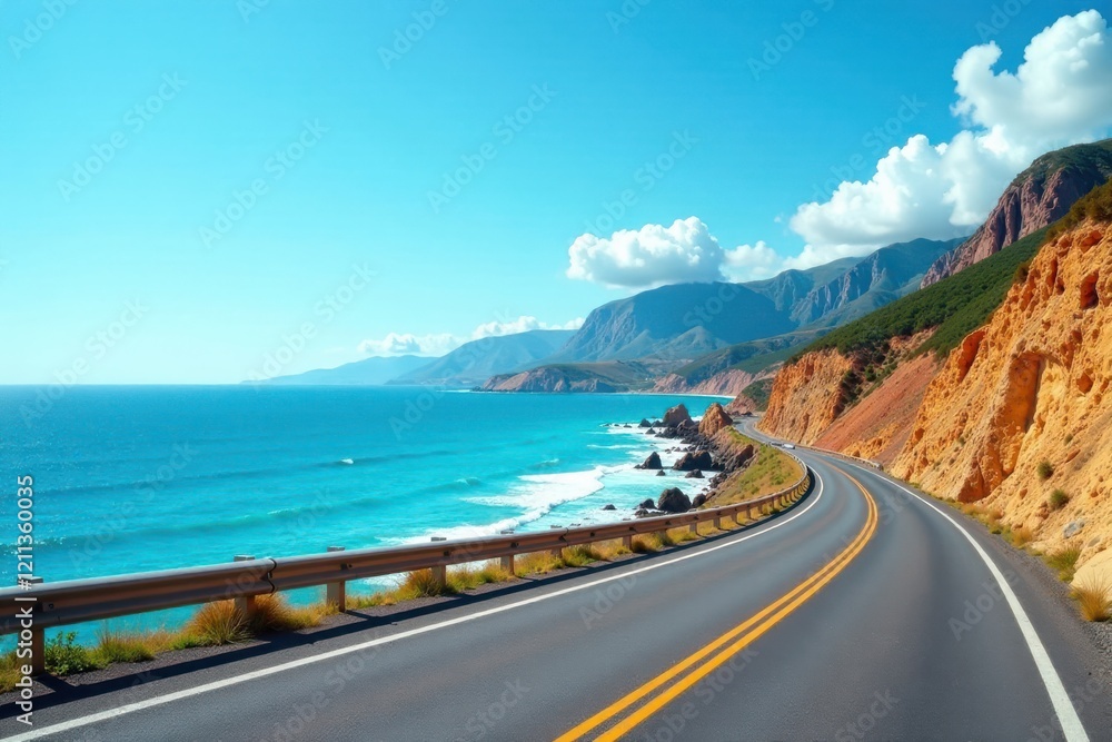Fototapeta premium Oceanside Highway Winding Along Dramatic Coastal Cliffs Under a Bright Blue Sky