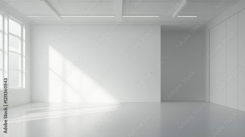Fototapeta premium Modern white office interior with a blank mockup wall, minimalist design, bright natural lighting, and contemporary furnishings for professional business presentations or creative workspace concepts. 