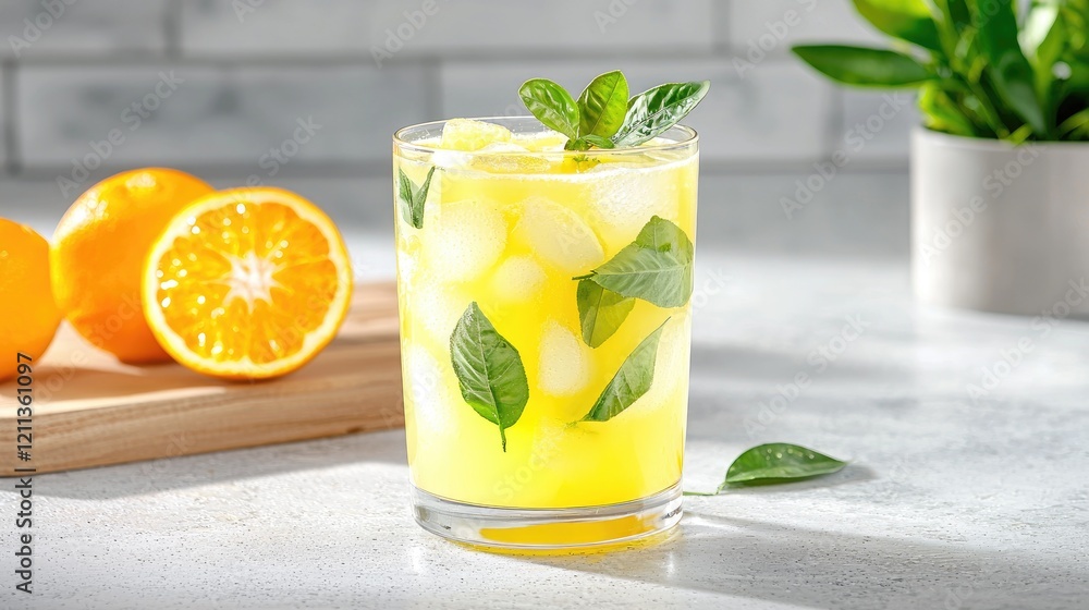 Fototapeta premium Refreshing orange mint drink on kitchen counter