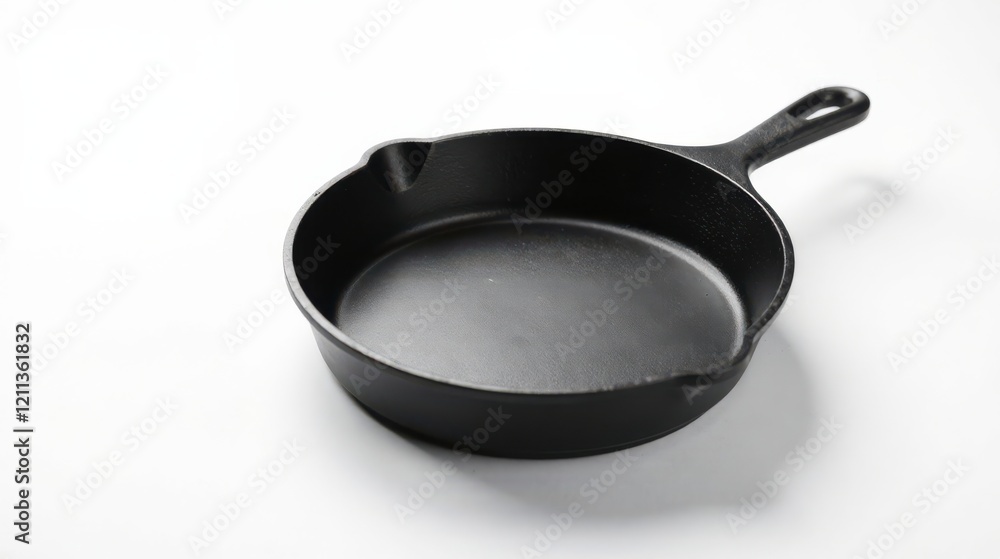 A single, empty, black cast iron skillet sits on a pristine white surface, ready for culinary creation A single, empty, black cast iron skillet sits on a pristine white surface, ready for culinary creation