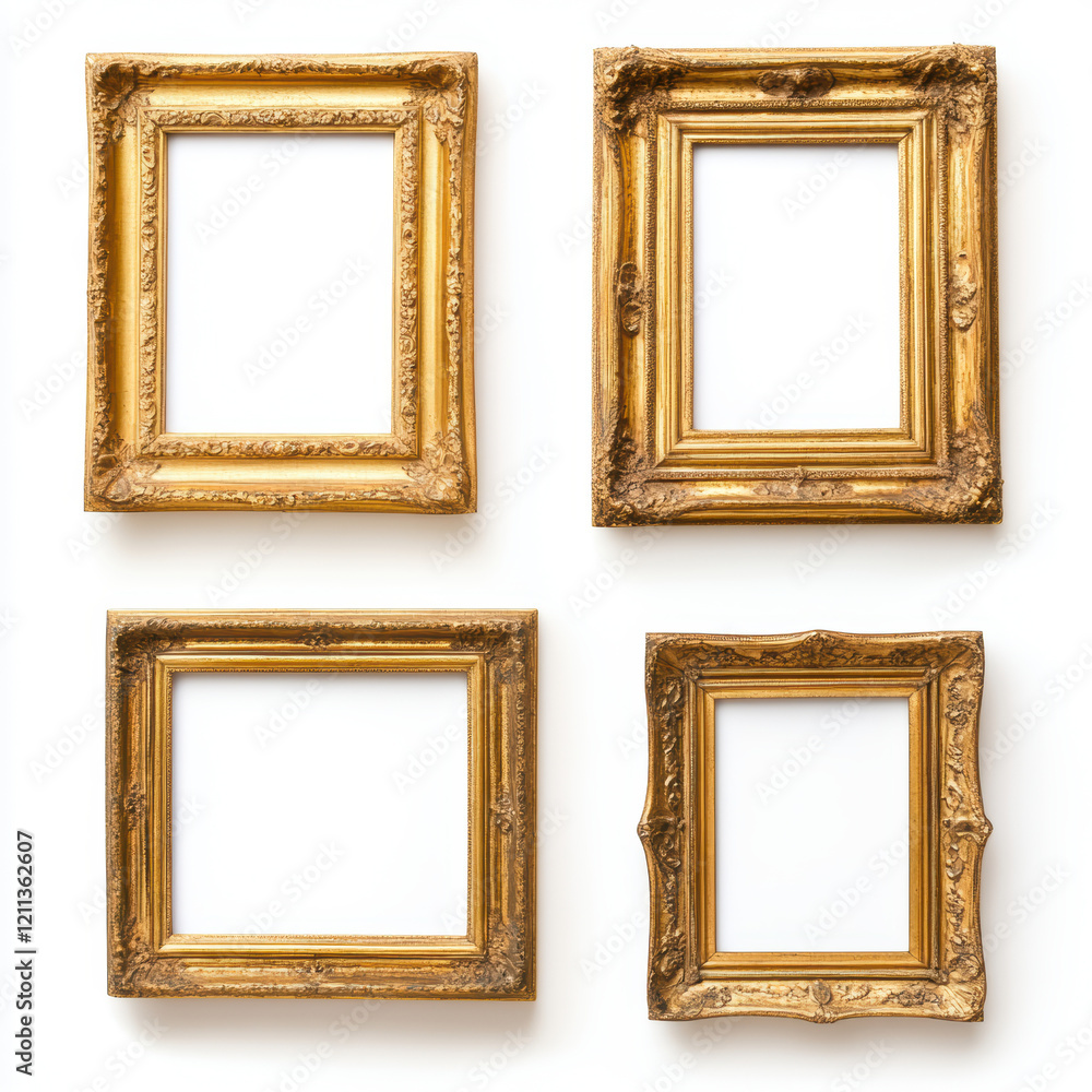 Collection of empty gold ornate frames on white wall, classic vintage display, elegant art concept Collection of empty gold ornate frames on white wall, classic vintage display, elegant art concept