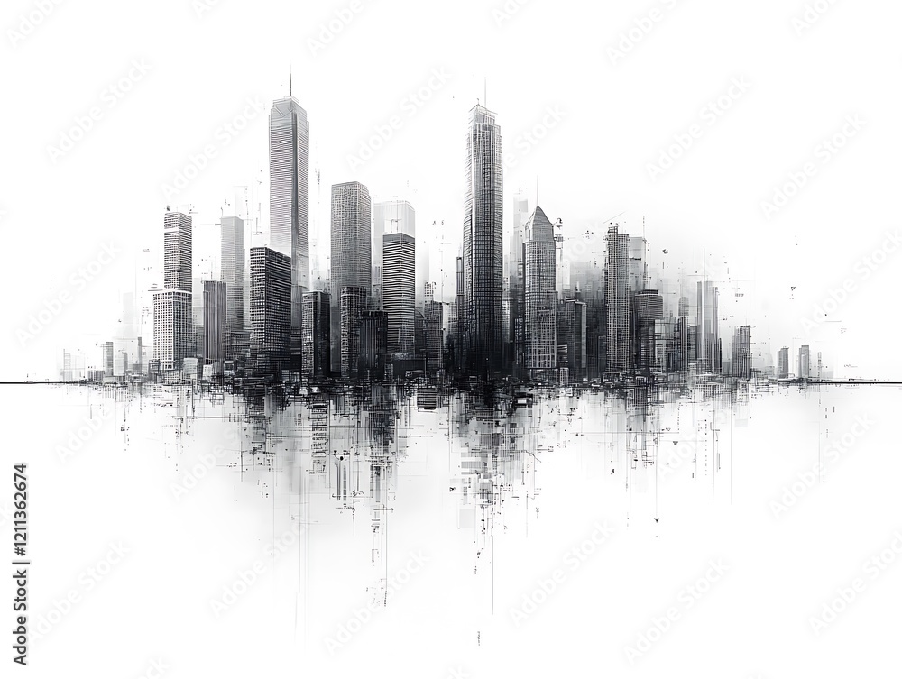 Obraz premium Abstract cityscape of towering buildings and geometric structures, white background, urban geometry, modern metropolis, vector graphic, simple animated design, abstract 