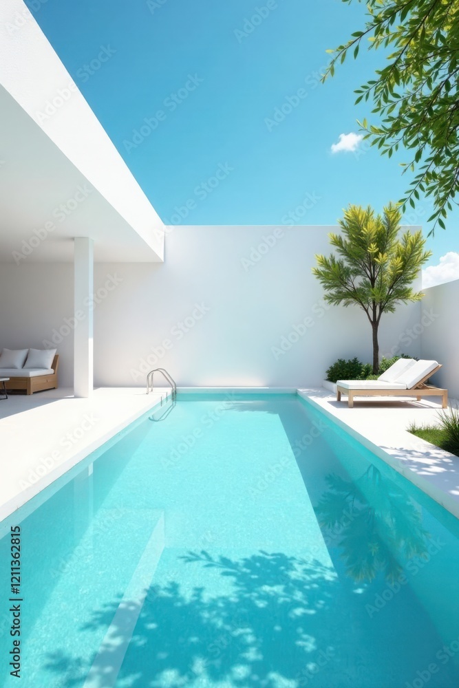 Fototapeta premium Serene Minimalist Poolside Relaxation Sun-Drenched Oasis with Pristine Water and Modern Architectural Design