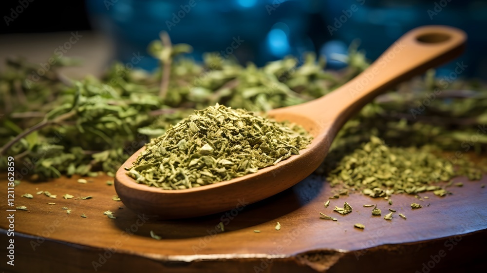 Close up of a wooden spoon filled with fragrant dried oregano resting on a natural wooden board This simple yet elegant food styling and photography composition highlights the earthy Close up of a wooden spoon filled with fragrant dried oregano resting on a natural wooden board This simple yet elegant food styling and photography composition highlights the earthy