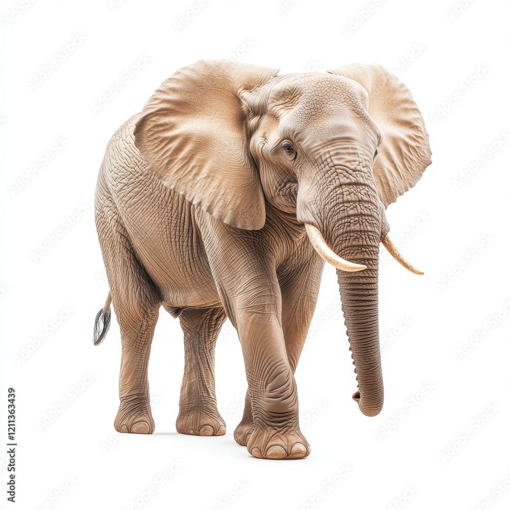 Obraz premium Majestic african elephant standing gracefully on white background, wildlife , animal portrait, natural beauty