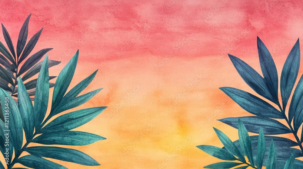 Obraz premium Tropical watercolor idea. Vibrant tropical leaves against a sunset watercolor background.
