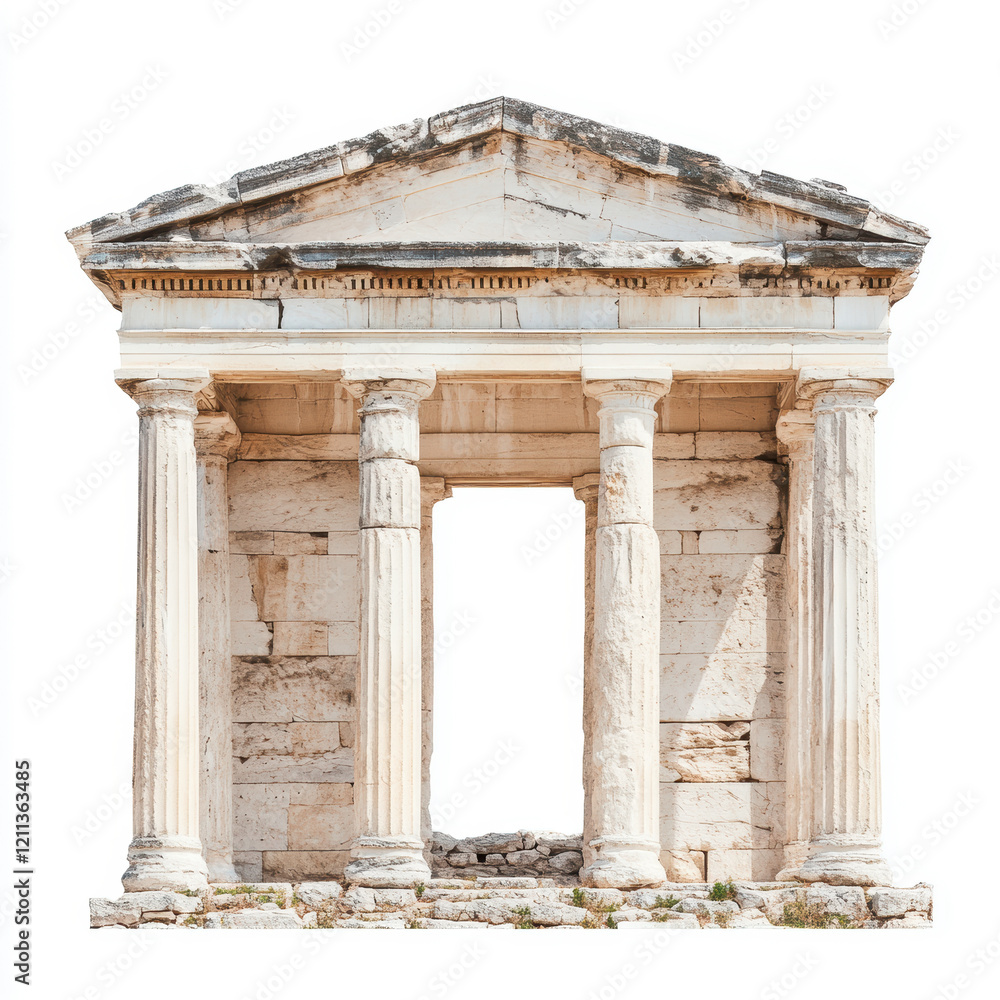 Ancient Greek temple with classic Doric columns on a stark white background symbolizing historical architecture Ancient Greek temple with classic Doric columns on a stark white background symbolizing historical architecture