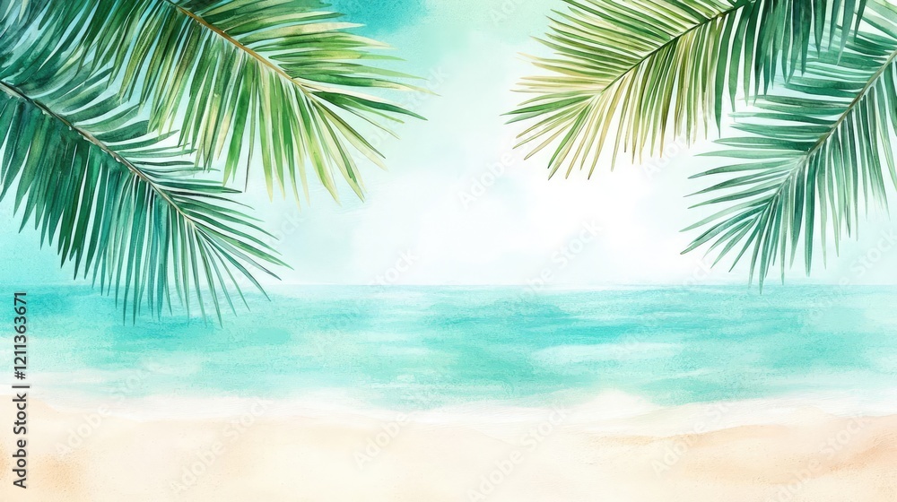 Tropical watercolor idea. Tranquil beach scene with palm leaves framing a serene ocean backdrop. Tropical watercolor idea. Tranquil beach scene with palm leaves framing a serene ocean backdrop.