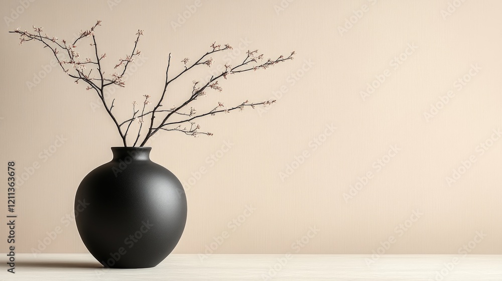 Black vase, beige wall, dried floral branches. Black vase, beige wall, dried floral branches.