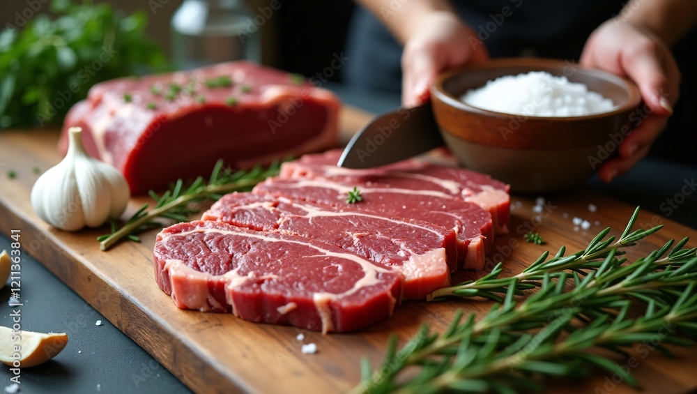 Freshly Sliced Steak on Butcher’s Block with Rosemary, Garlic, and Sea Salt Freshly Sliced Steak on Butcher’s Block with Rosemary, Garlic, and Sea Salt
