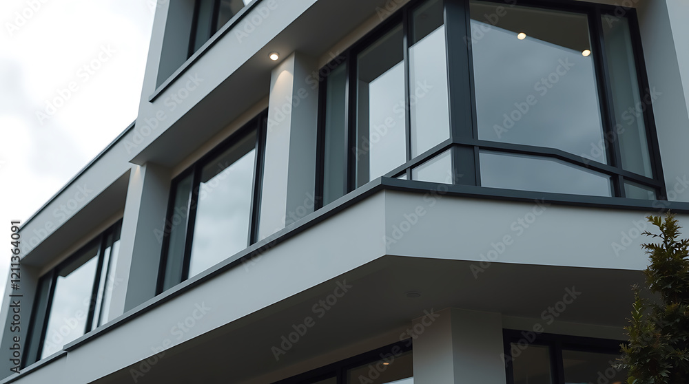 Modern Architectural Design: Sleek Grey House with Large Windows and Balcony Modern Architectural Design: Sleek Grey House with Large Windows and Balcony