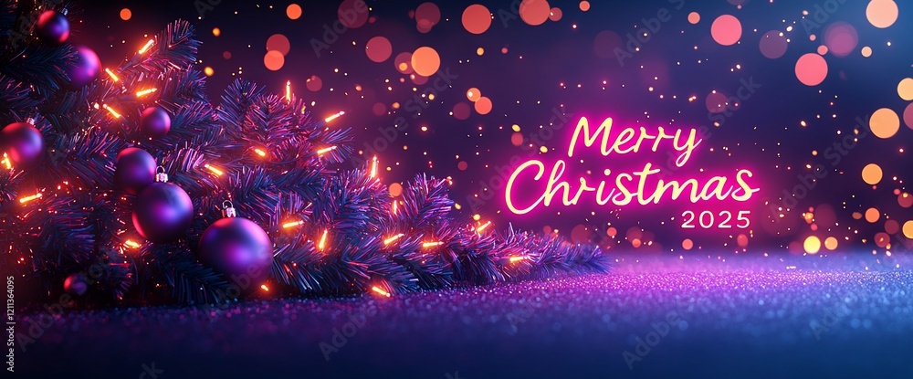 custom made wallpaper toronto digitalIlluminated Christmas tree with ornaments and Merry Christmas 2025 sign.