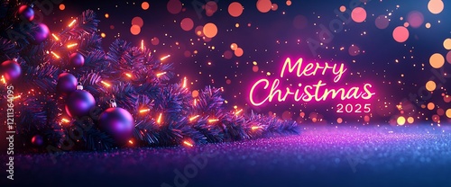 Wallpaper Mural Illuminated Christmas tree with ornaments and Merry Christmas 2025 sign. Torontodigital.ca