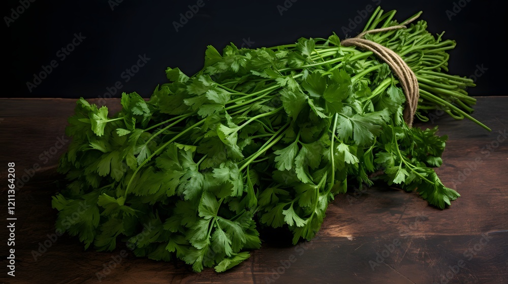 A bundle of fresh and vibrant cilantro leaves tied together with a string presented against a neutral background showcasing the herb s natural beauty and culinary versatility A bundle of fresh and vibrant cilantro leaves tied together with a string presented against a neutral background showcasing the herb s natural beauty and culinary versatility