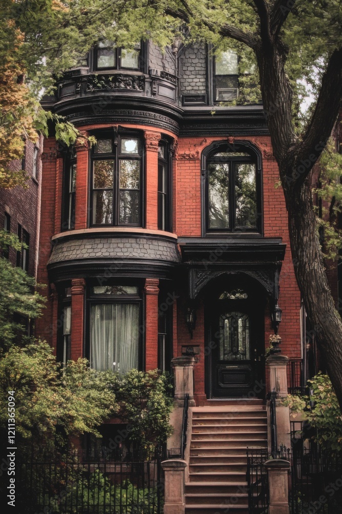 Victorian-style brownstone in a lush urban setting, showcasing intricate architectural details and greenery in the quiet neighborhood Victorian-style brownstone in a lush urban setting, showcasing intricate architectural details and greenery in the quiet neighborhood