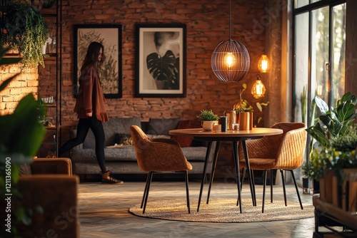 Warm and cozy interior of living room space, round table chairs pedant lamp and walking young woman