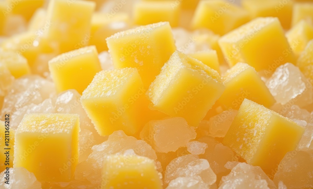 Vibrant yellow mango cubes on ice Vibrant yellow mango cubes on ice