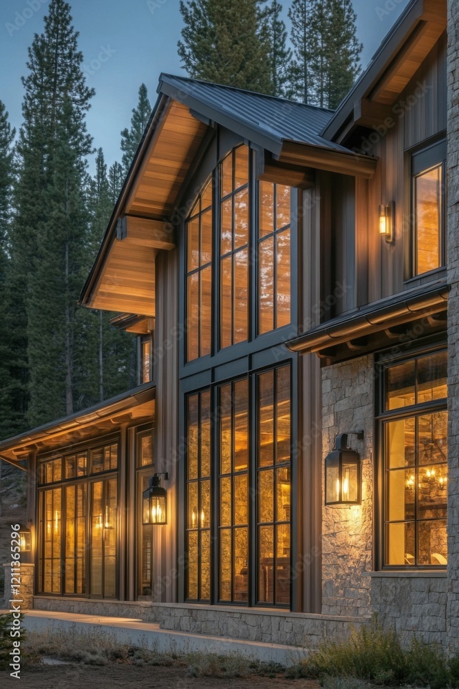 A stunning modern mountain cabin, adorned with expansive windows, is beautifully nestled among towering pine trees, creating an enchanting scene at twilight A stunning modern mountain cabin, adorned with expansive windows, is beautifully nestled among towering pine trees, creating an enchanting scene at twilight