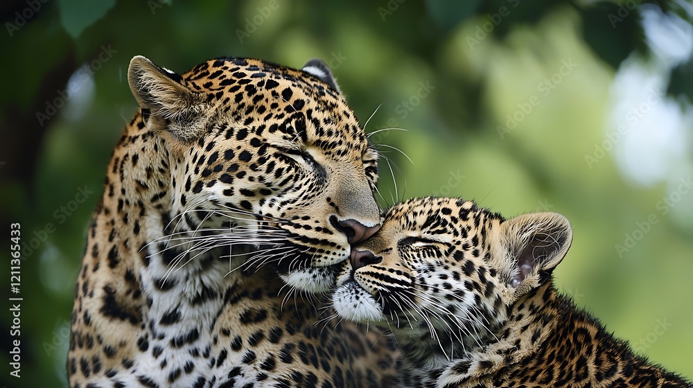 Obraz premium A mother and baby leopard are cuddling Love.