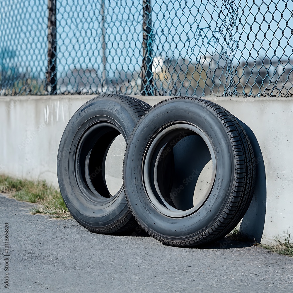 Tire on the street. Tires on the background of the fence. Tire on the street. Tires on the background of the fence.