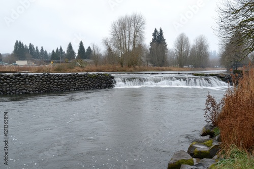 Wallpaper Mural Tranquil River Scene with Gentle Waterfall Surrounded by Lush Trees Under Overcast Sky Captured in Serene Nature Setting Torontodigital.ca