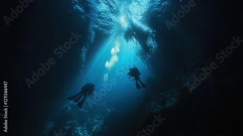 Wallpaper Mural underwater landscape where divers work under the mysterious sea, surrounded by glowing corals and shadowy figures moving in the distance Torontodigital.ca