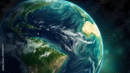 High-resolution 3D rendering of Earth, showcasing detailed landmasses, swirling ocean currents, and atmospheric clouds, set against a deep space backdrop.