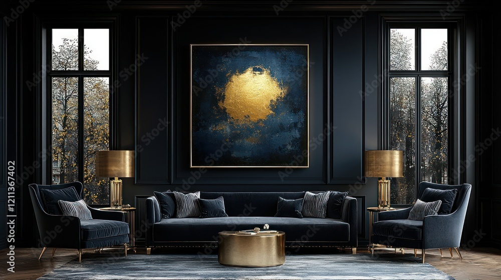 Fototapeta premium Dark Elegance: Gold Accents in a Luxurious Living Room