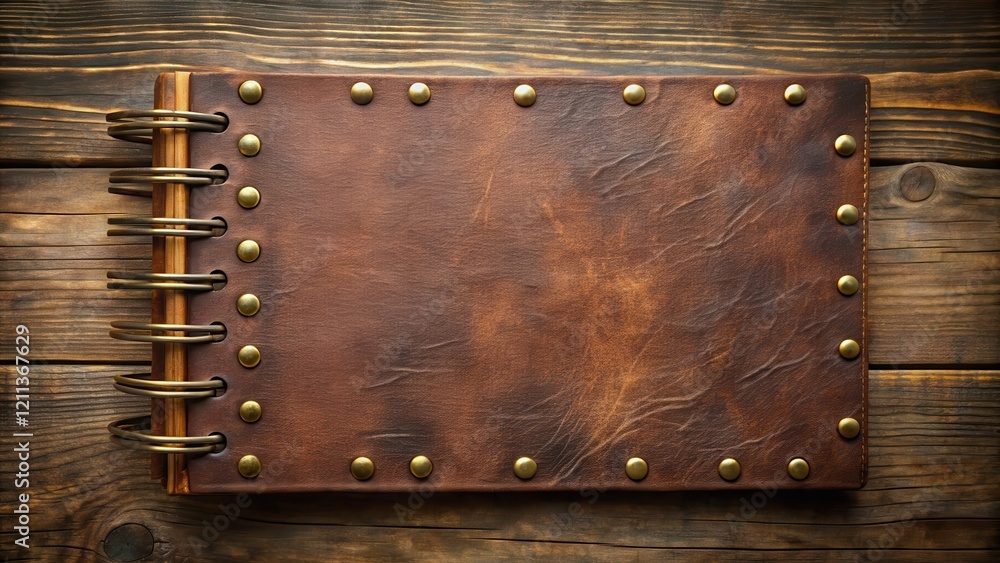 Fototapeta premium Rustic Leather-Bound Spiral Notebook on Wooden Surface A Blank Canvas for Creative Ideas and Journaling