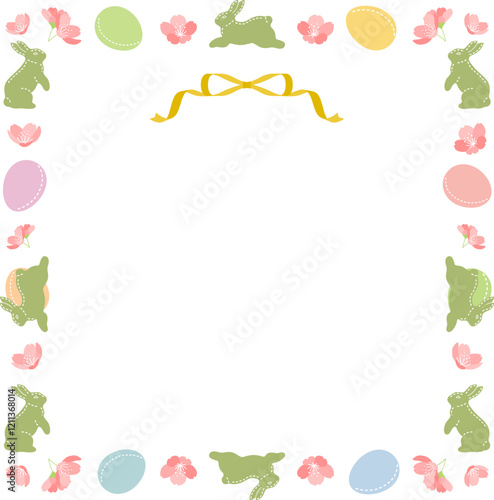 イースターのシンプルなフレーム：パステルカラーのイースターエッグとウサギと桜の花