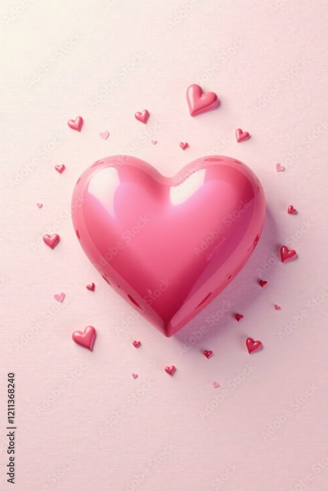 Obraz premium A Large Shiny Pink Heart Surrounded by Smaller Hearts on a Pale Pink Background