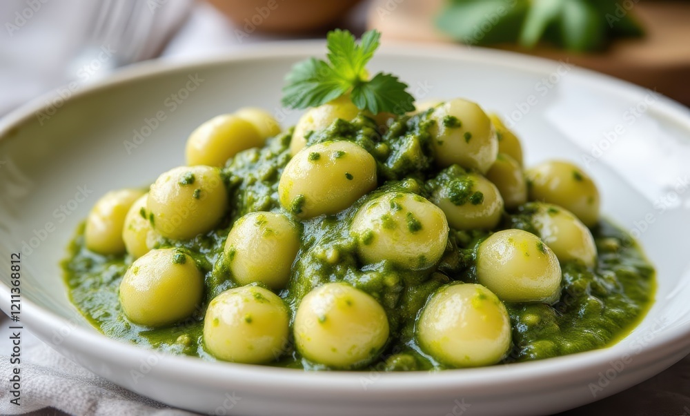 Delicious green gnocchi with pesto sauce Delicious green gnocchi with pesto sauce
