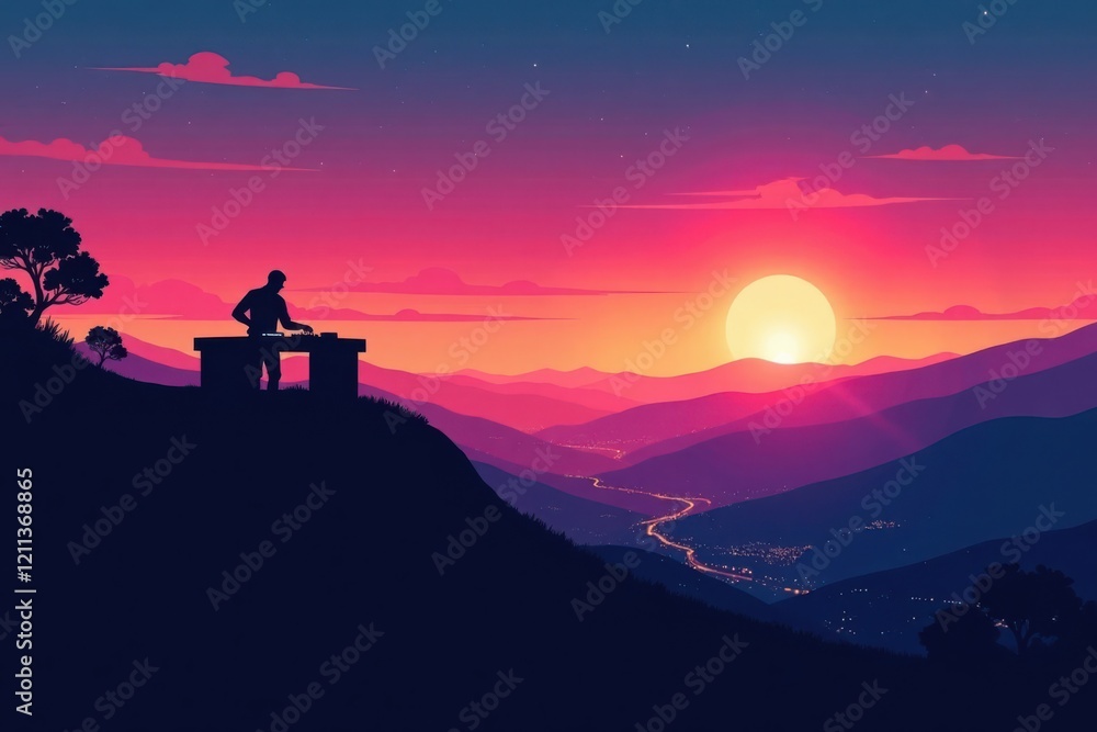 Fototapeta premium Sunset Symphony A lone figure mixes music atop a mountain, overlooking a valley bathed in the warm glow of a setting sun.