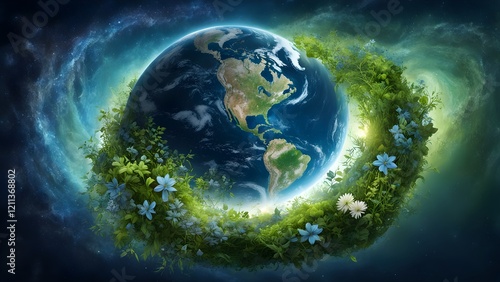 Surreal digital artwork depicting planet Earth encircled by a vibrant ring of lush greenery and flowers against a cosmic backdrop.