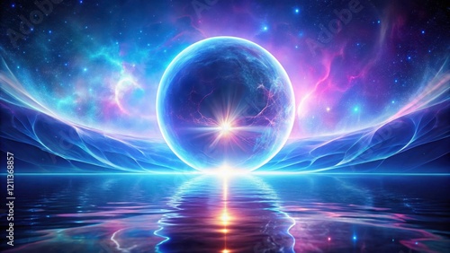 Celestial Orb Reflecting in a Tranquil Cosmic Sea A Vision of Otherworldly Serenity and Radiant Energy