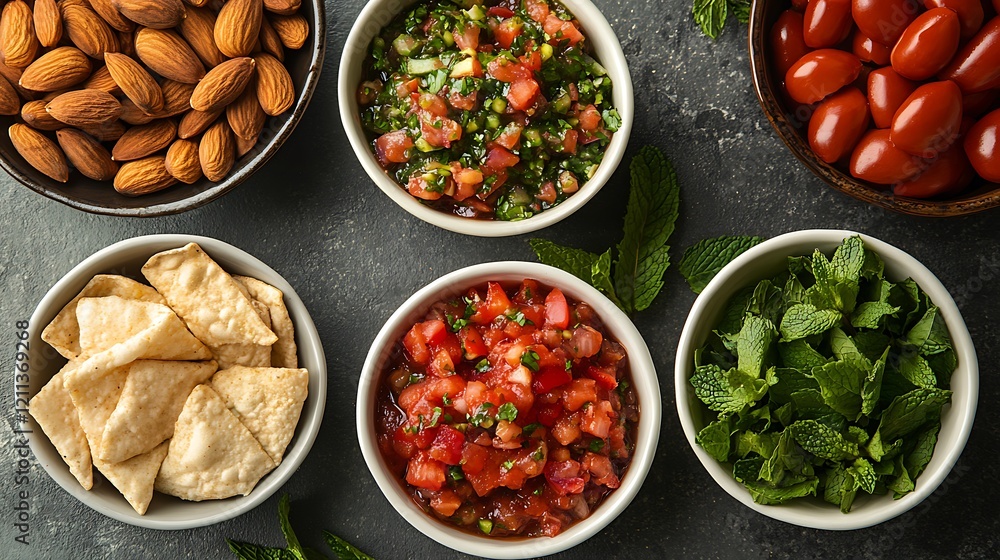 Traditional mexican salsa with tomatoes, onion, chorizo and cilantro on dark background Traditional mexican salsa with tomatoes, onion, chorizo and cilantro on dark background